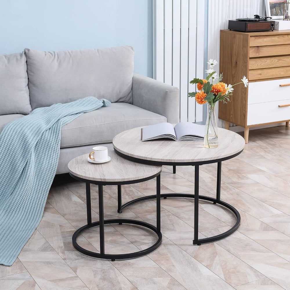 Round Nesting Tables Set of 2, Stacking Coffee Tables with Metal Frame | Grey...