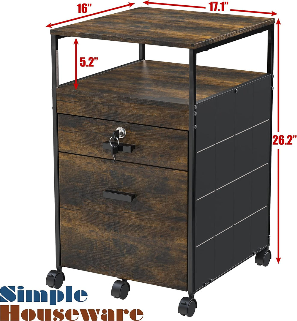 SHW Box File Rolling Mobile Cabinet with Lockable Drawer, Rustic Brown