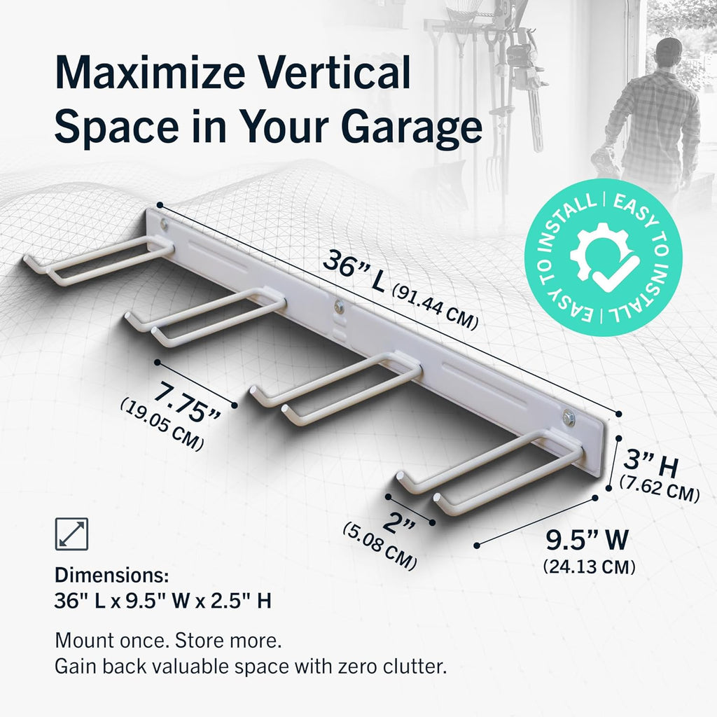 StoreYourBoard Wall-Mounted Rack With 4 Garage Hooks – Heavy-Duty Steel Holder Garage & Garden Storage for Shed, Workshop, or Home Organization – For Rakes, Shovels, Tools & More – 2 Pack, Gray