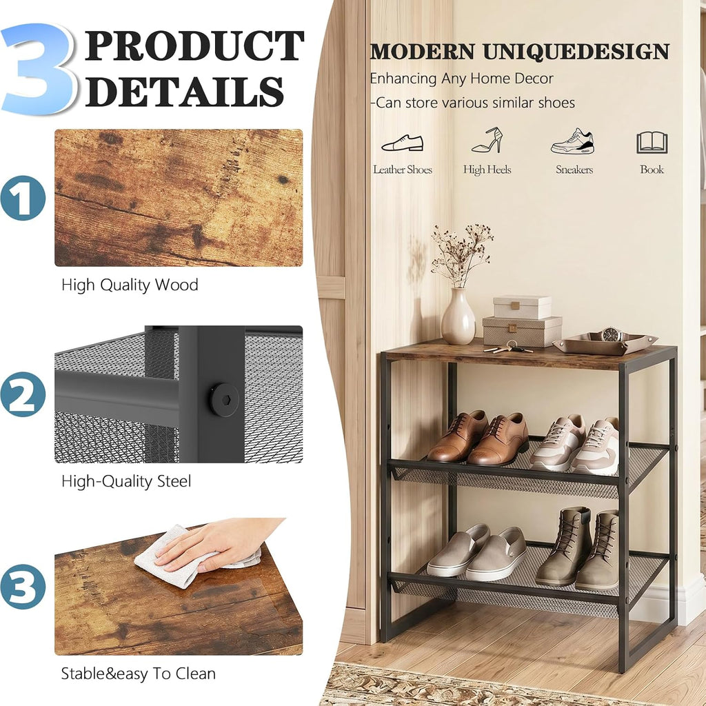 Shoe Rack for Entryway，3 Tier Shoe Storage Organizer，Sturdy Shoe Shelf,Boot Rack with a Fine Mesh Shelves，for Living Room, Hallway，Small Space,11.8 x 16.5 x 19.7 Inches,Brown