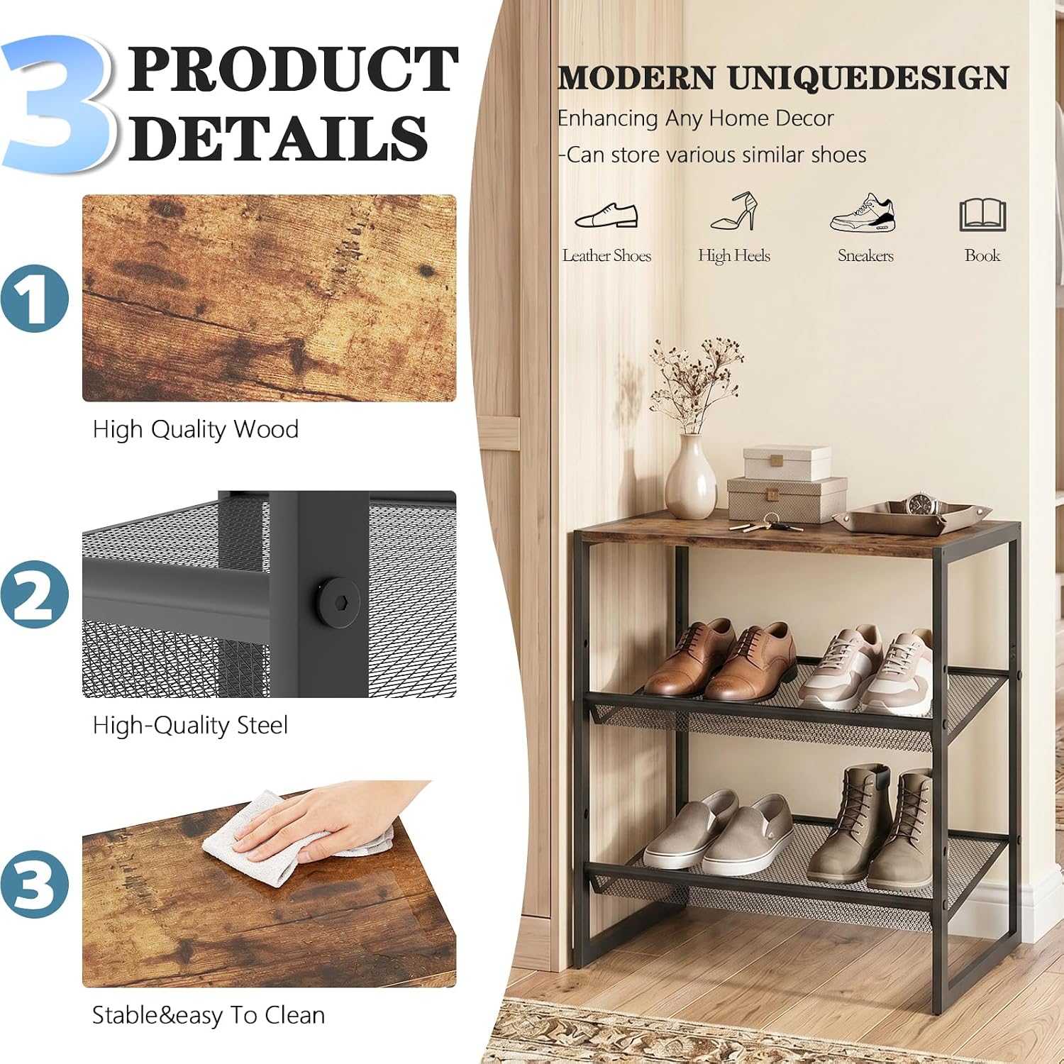 Shoe Rack for Entryway，3 Tier Shoe Storage Organizer，Sturdy Shoe Shelf,Boot Rack with a Fine Mesh Shelves，for Living Room, Hallway，Small Space,11.8 x 16.5 x 19.7 Inches,Brown