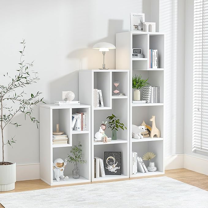 VECELO Small White Bookshelf, 3 Cube Shelf, Fits Tallest Hardcovers, Horizontal Available, Modern Storage Organzier for Small Spaces, Kids, Pearl White