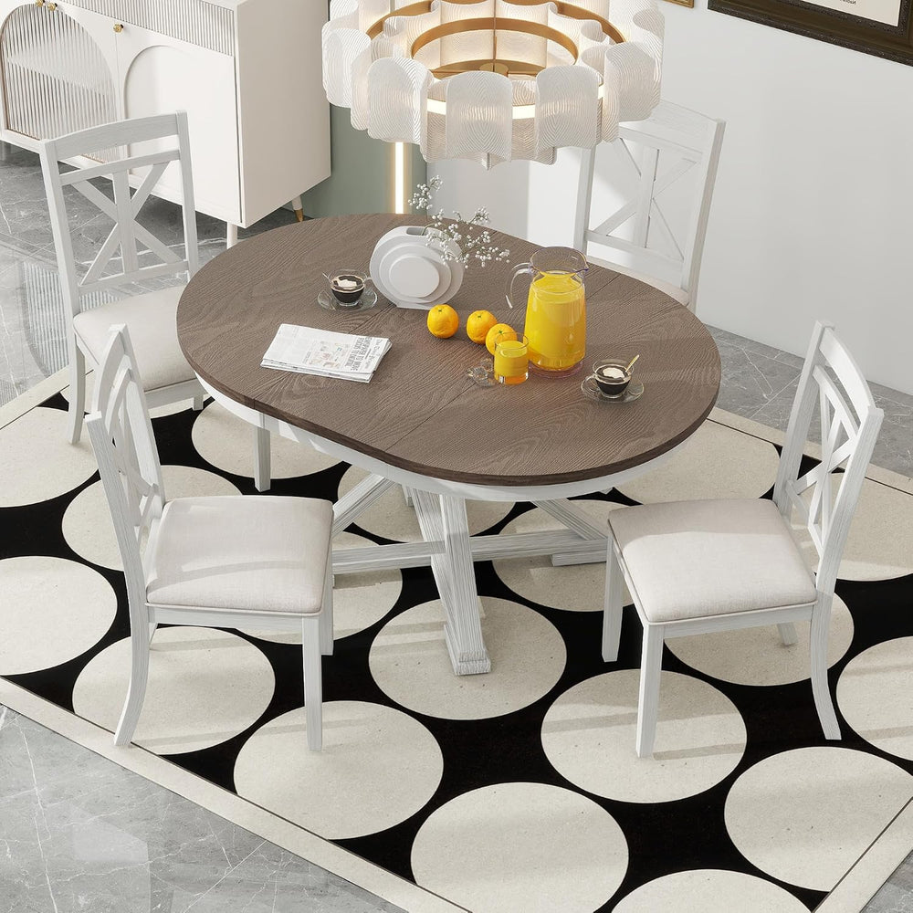 Merax Round Dining Table Set for 4, Farmhouse Kitchen Table Set with Extendab...