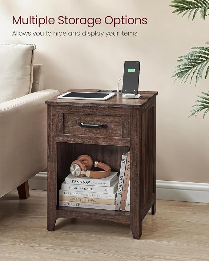 VASAGLE LIRY Collection - Farmhouse Nightstands with Charging Station, Set of...