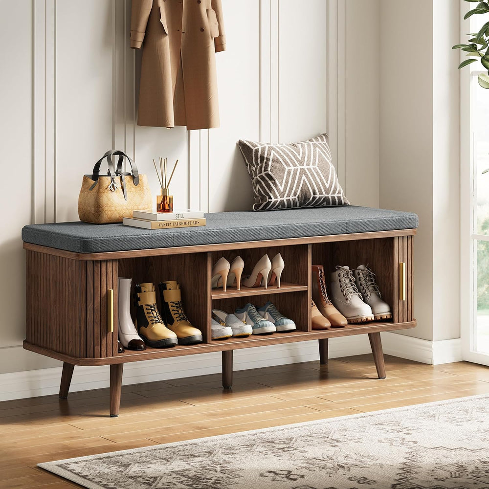 Decofy Shoe Storage Bench with Cushion and Sliding Doors, 47.2 Inch Shoe Benc...