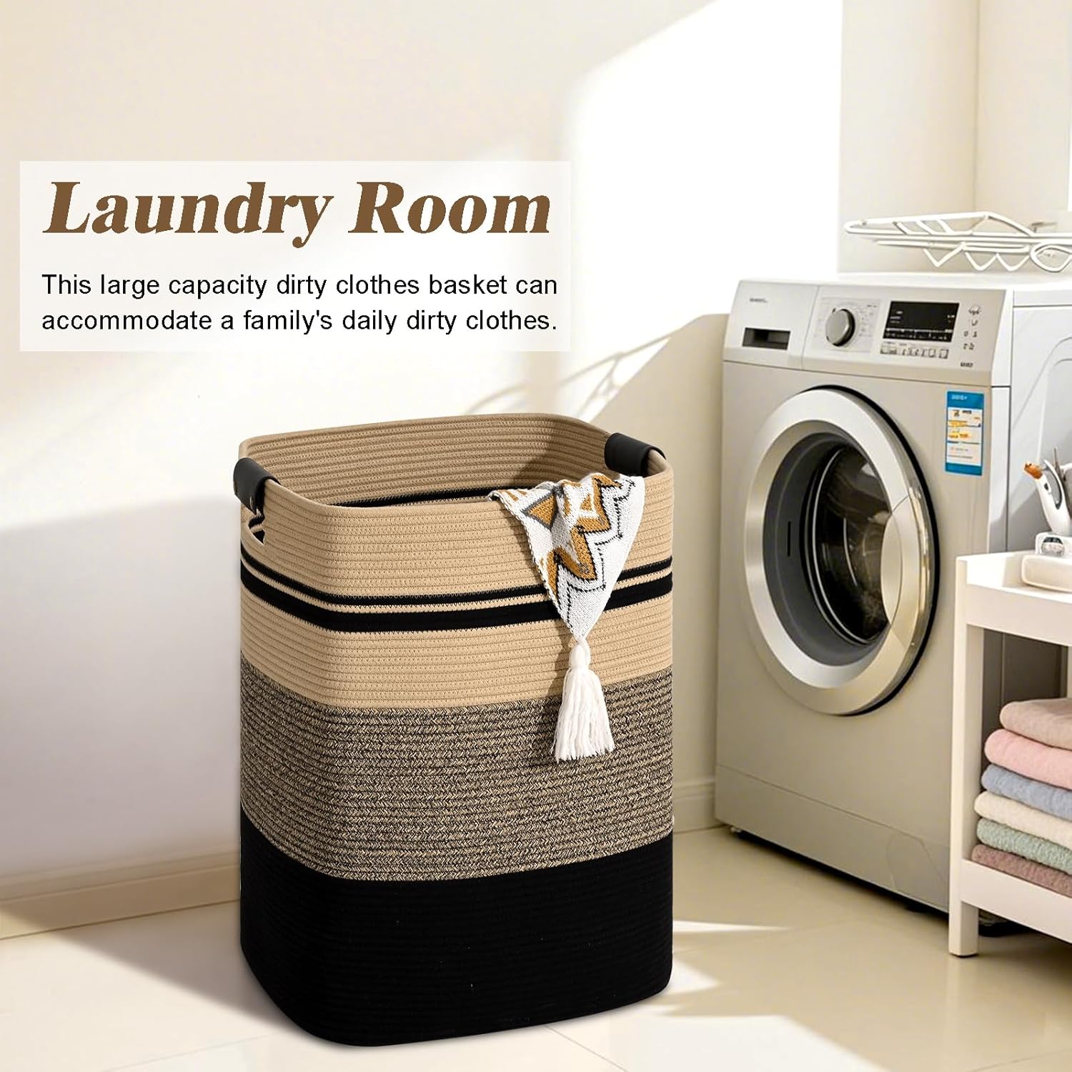 Laundry Hamper, 95L Tall Laundry Basket with Leather Handles, Rectangle Large Clothes Hamper for Organizing, Cotton Woven Laundry Baskets Storage Hampers for Bedroom, Nursery, Living Room