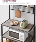 VASAGLE Bakers Rack, Coffee Bar, Kitchen Storage Shelf Rack with 10 Hooks, 3 Shelves, Adjustable Feet, for Microwave Oven, 15.7 x 33.1 x 66.9 Inches, Industrial, Greige and Black UKKS017B02