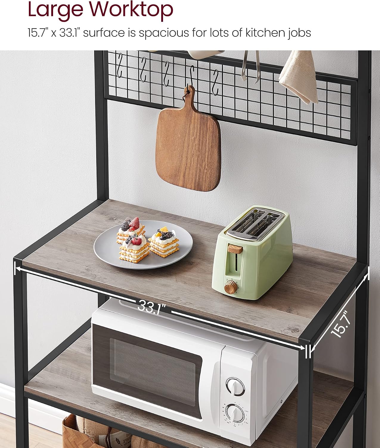 VASAGLE Bakers Rack, Coffee Bar, Kitchen Storage Shelf Rack with 10 Hooks, 3 Shelves, Adjustable Feet, for Microwave Oven, 15.7 x 33.1 x 66.9 Inches, Industrial, Greige and Black UKKS017B02