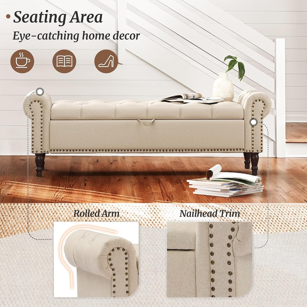 Cozyman Storage Bench Ottoman, 61" Long King Linen Rolled Arm Bedroom En...