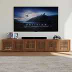 POVISON Full Assembled Mid Century Modern TV Stand, Wood Slatted Media Console for 75+ inch TV, Entertainment Center with Storage for Living Room, Low Cabinet with Removable Shelves
