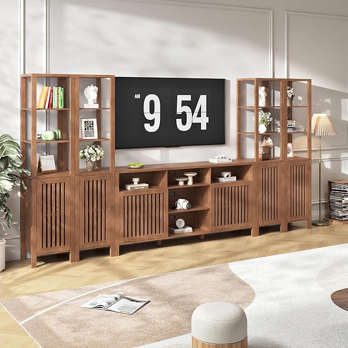 Farmhouse TV Stand for 70 inch TVs, Entertainment Center with Bookshelves - 6 Door Media Console with Adjustable Shelves, Storage Cabinet for Living Room Bedroom Home Theater, Rustic Brown