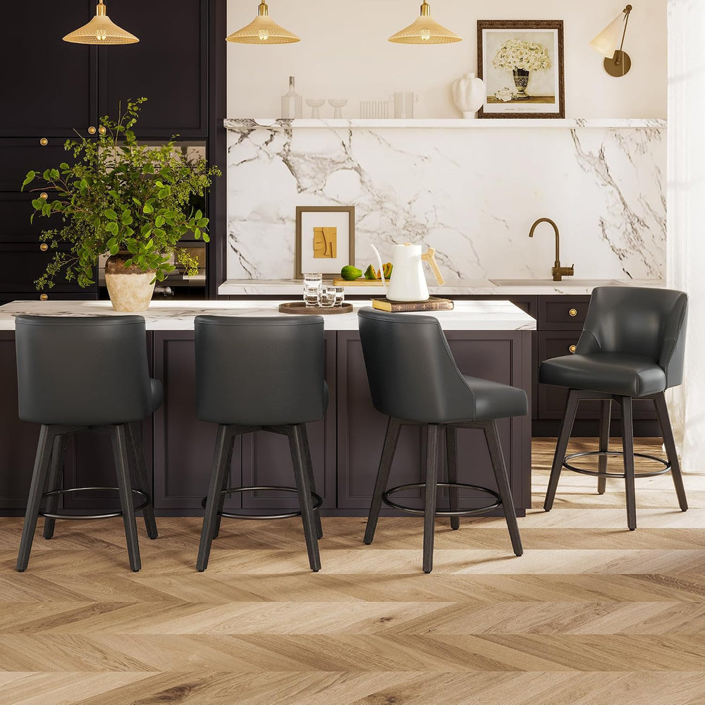 26" Counter Height Swivel Bar Stools, Set of 4, Black Grey | Faux Leathe...