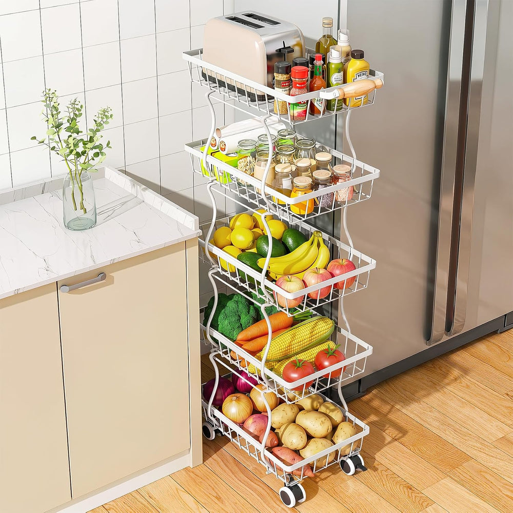 SAYZH 5-Tier Fruit Basket Stand with Vegetable Baskets for Kitchen, White | S...