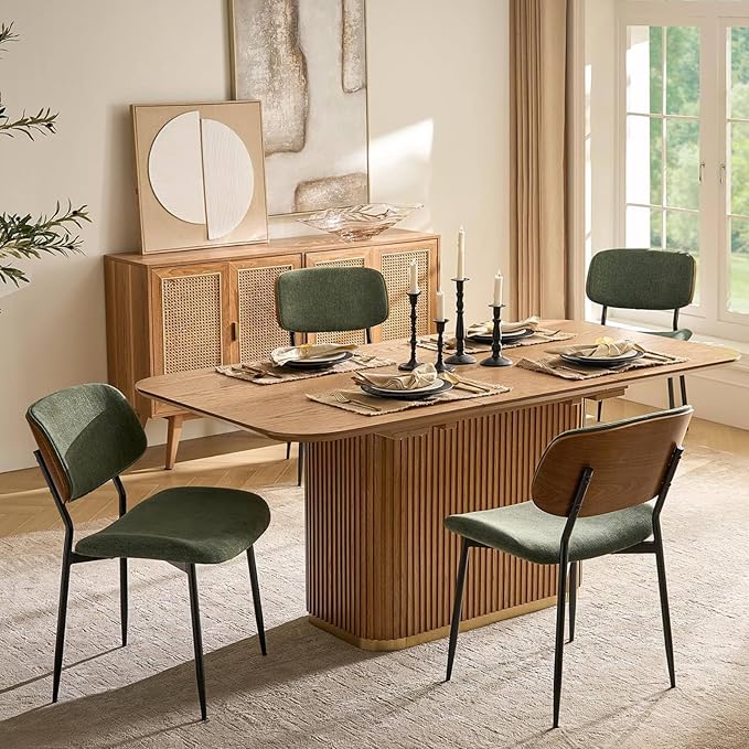HULALA HOME Dining Chairs Set of 4 Mid-Century Modern Upholstered Kitchen Dining Room Chairs with Wood Curved Backrest, Black Metal Legs Fabric Dinner Chair for Living Room Cafe Restaurant Moss