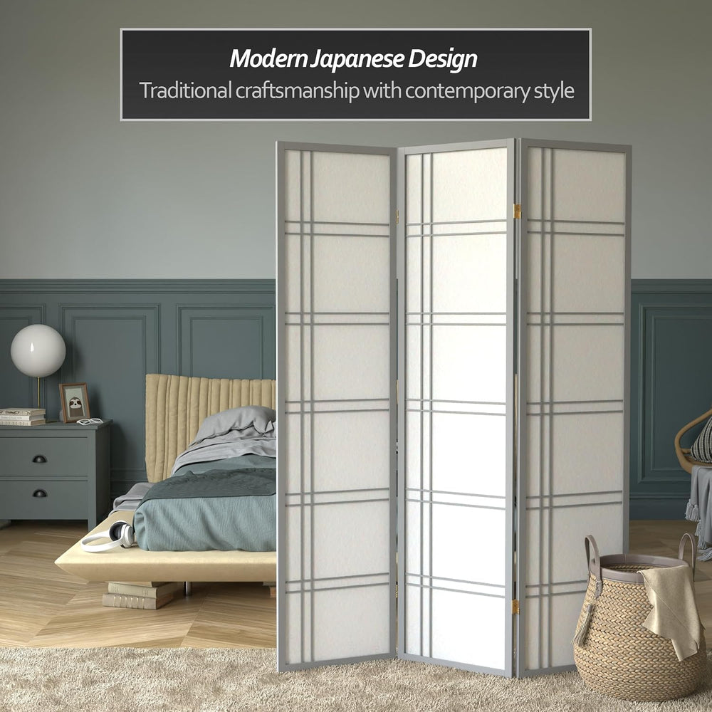 Red Lantern 6 ft. Tall Double Cross Shoji Screen - Grey - 3 Panels