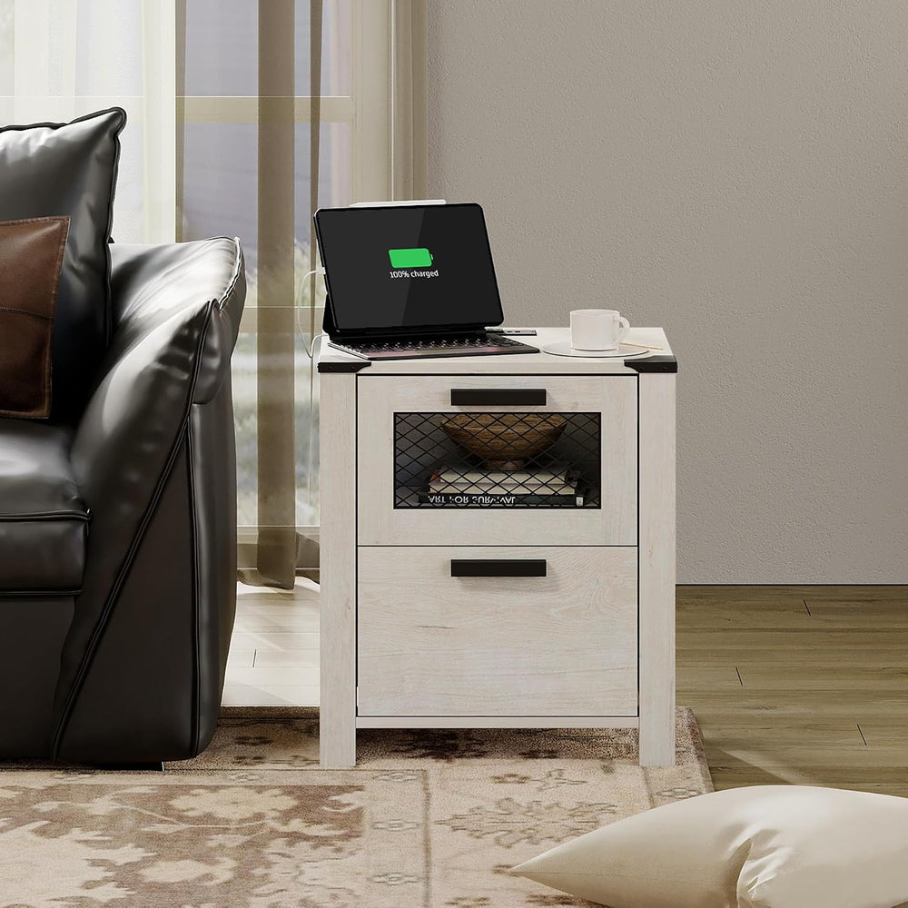 WAMPAT Farmhouse Nightstand with Drawer Stroage, Sofa Side Bedside Table in B...