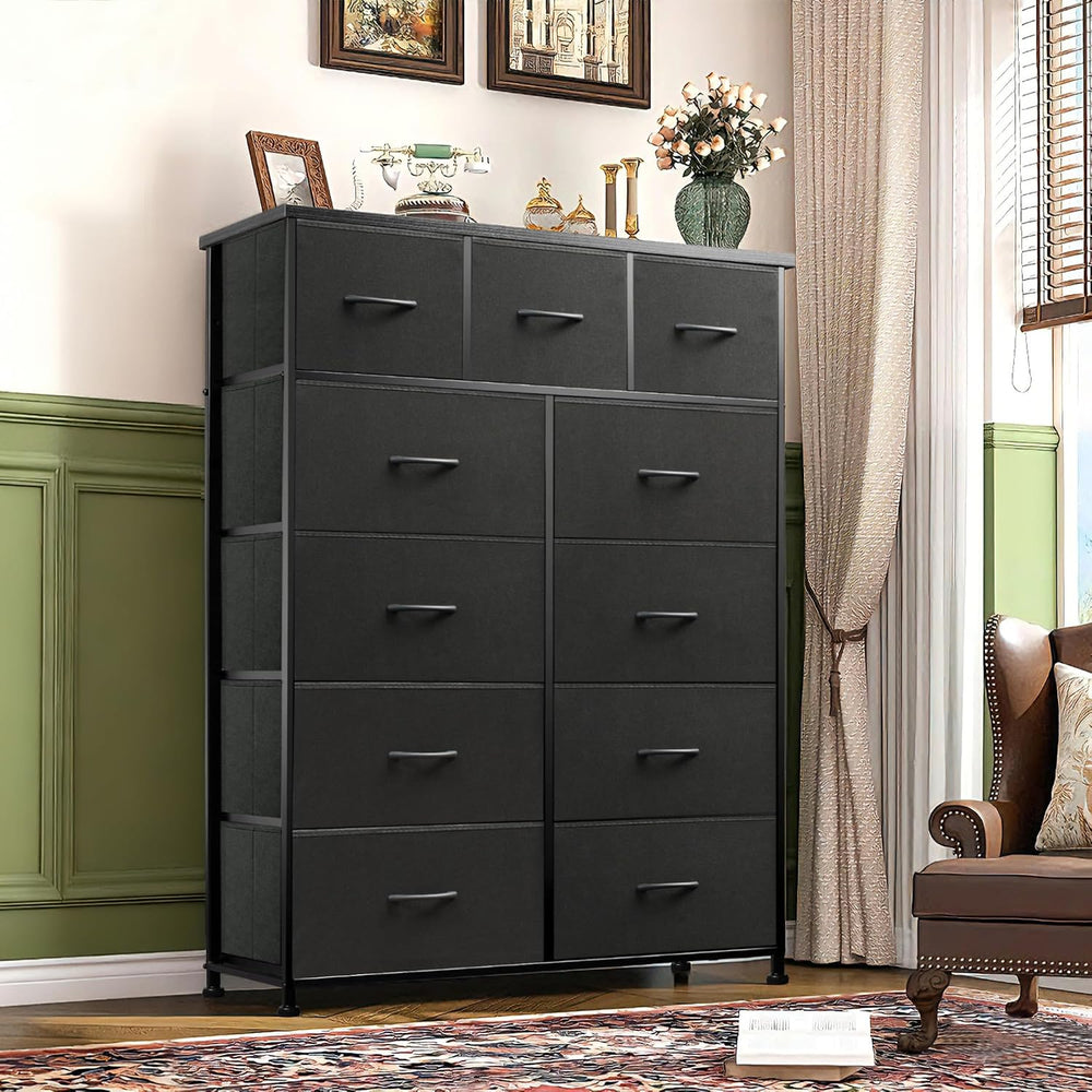 Tall Console Table with 11 Fabric Drawers, Black | Entryway Table with Storag...