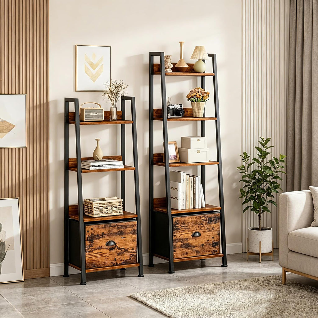 5 Tier Ladder Bookshelf Ladder Shelf, Rustic Bookcase Storage Rack Organizer with Removable Drawer, Wood Metal Freestanding Storage Shelf for Living Room, Home Office, Bedroom, Brown | Wood metal freestanding storage rack organizer for living room