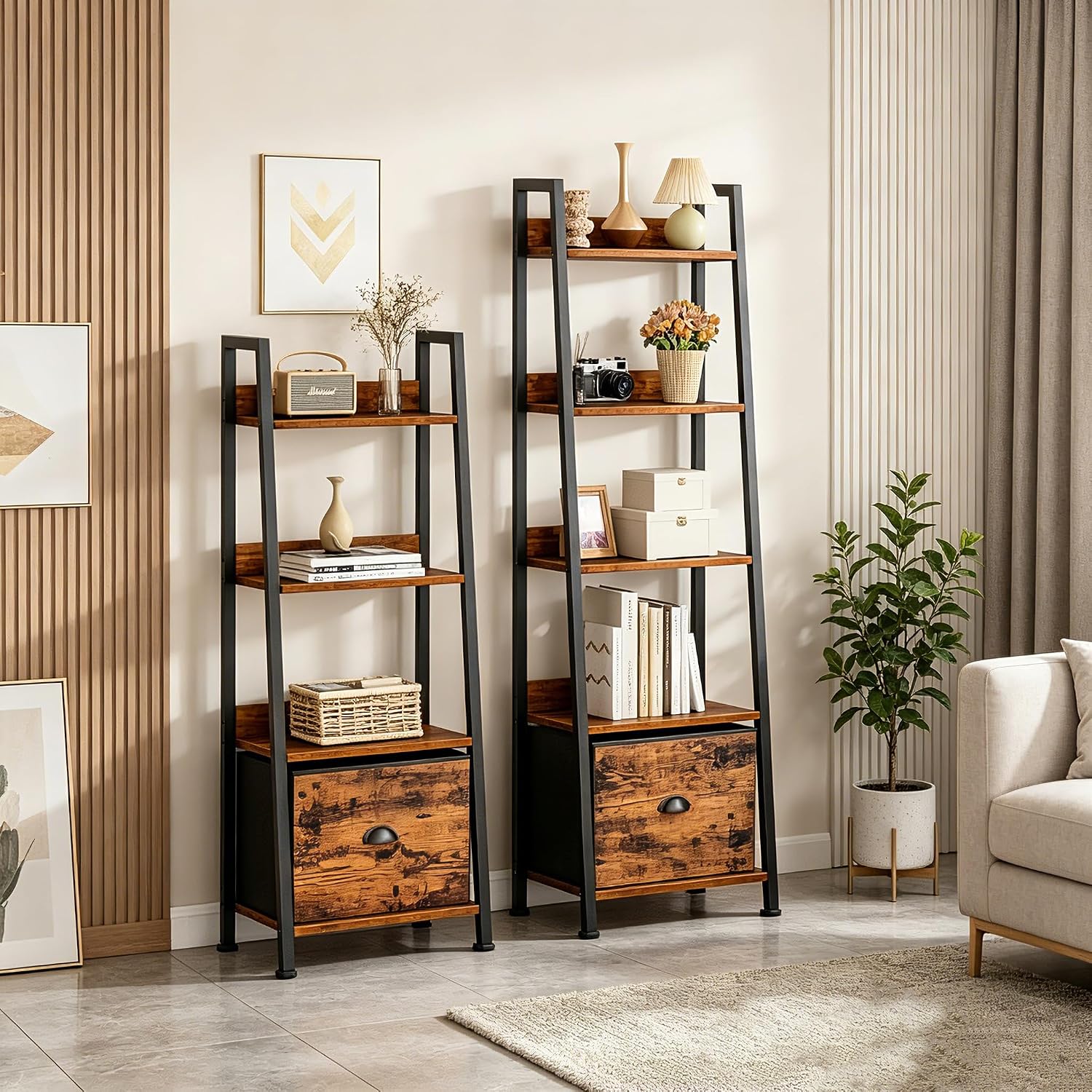 5 Tier Ladder Bookshelf Ladder Shelf, Rustic Bookcase Storage Rack Organizer with Removable Drawer, Wood Metal Freestanding Storage Shelf for Living Room, Home Office, Bedroom, Brown | Wood metal freestanding storage rack organizer for living room