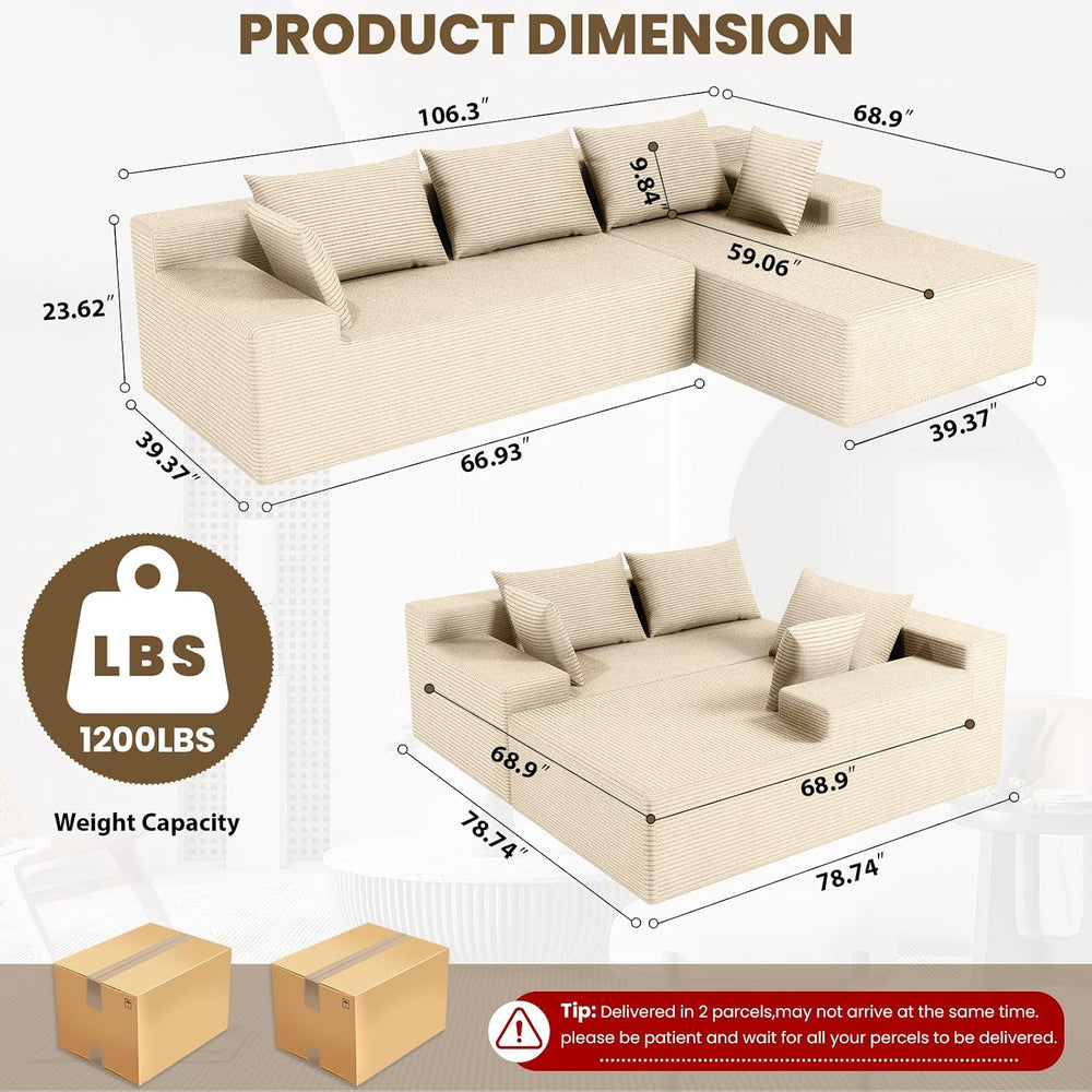 LEVELEVE 107" Cloud Sectional Couch with Deep Seat，Modern Modular Sofa w...