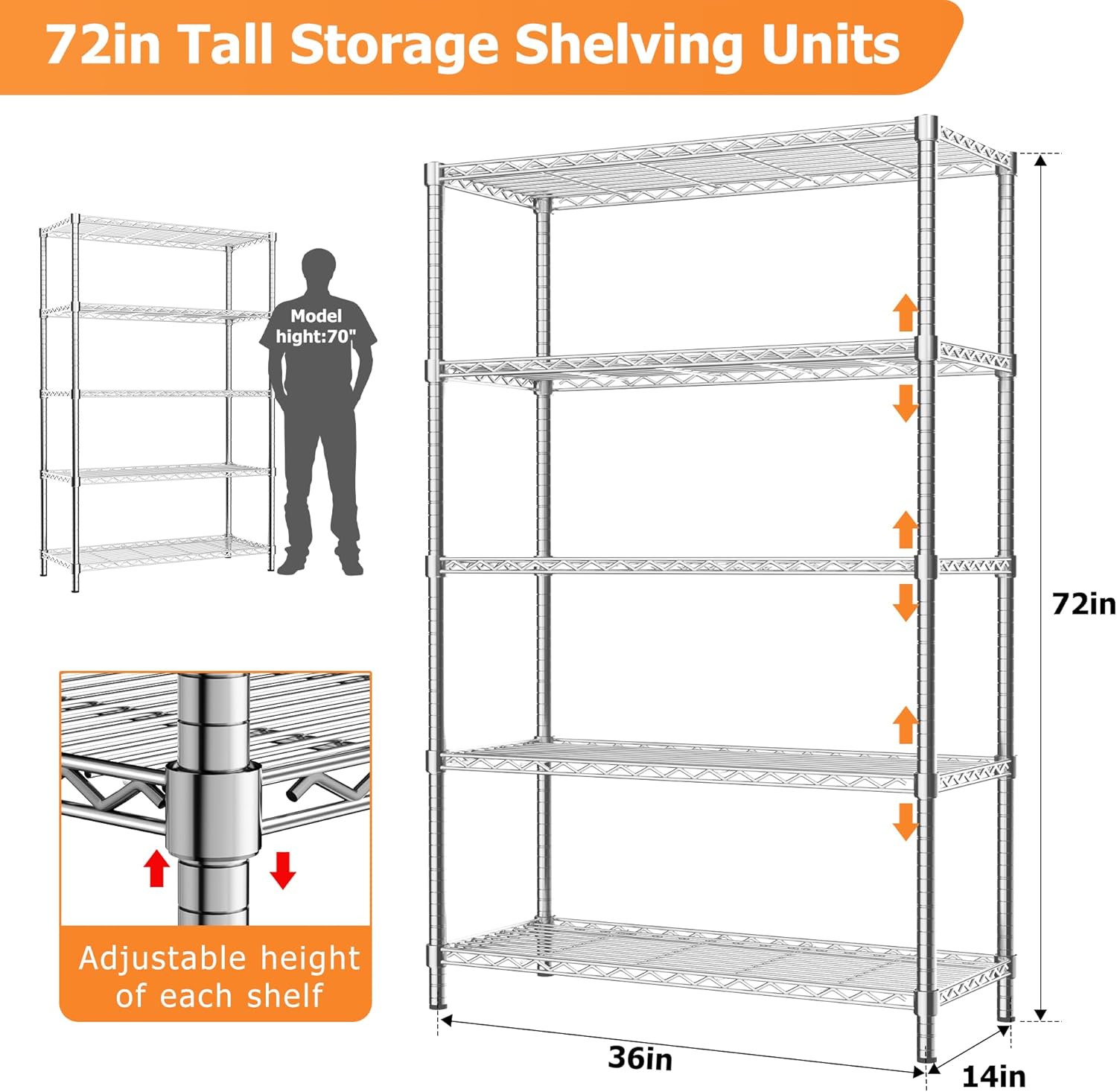 Storage Shelves Heavy Duty, 4 PCS 36" L x 14" W x 72" H Garage Wire Shelving Unit Loads 1750LBS, 5-Tier Adjustable Metal Industrial Utility Shelf Rack for Kitchen, Laundry Room, Warehouse, Basement