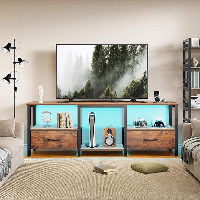 TV Stand for 65 Inch TV, LED Entertainment Center with Fabric Drawers and Power Outlets, Modern Industrial TV Media Console for Living Room, Bedroom Storage Cabinet - 59'' Rustic Brown