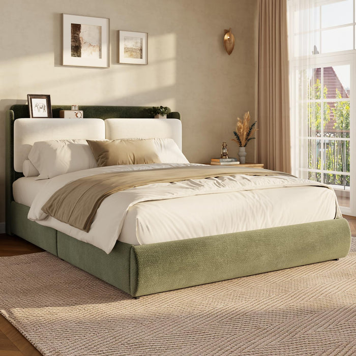 Garvee Queen Upholstered Bed Frame with Shelf & Drawers - Green & Beige