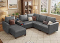 SITJOY 105" Faux Leather Modular Sectional Sofa with Storage, Mid Century Modern Sectional Couches for Living Room, 6 Seat V Shaped Couch with Ottoman and Console Table, Hidden Cupholders, Gray