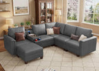 SITJOY 105" Faux Leather Modular Sectional Sofa with Storage, Mid Century Modern Sectional Couches for Living Room, 6 Seat V Shaped Couch with Ottoman and Console Table, Hidden Cupholders, Gray