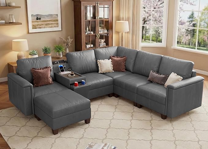 SITJOY 105" Faux Leather Modular Sectional Sofa with Storage, Mid Century Modern Sectional Couches for Living Room, 6 Seat V Shaped Couch with Ottoman and Console Table, Hidden Cupholders, Gray