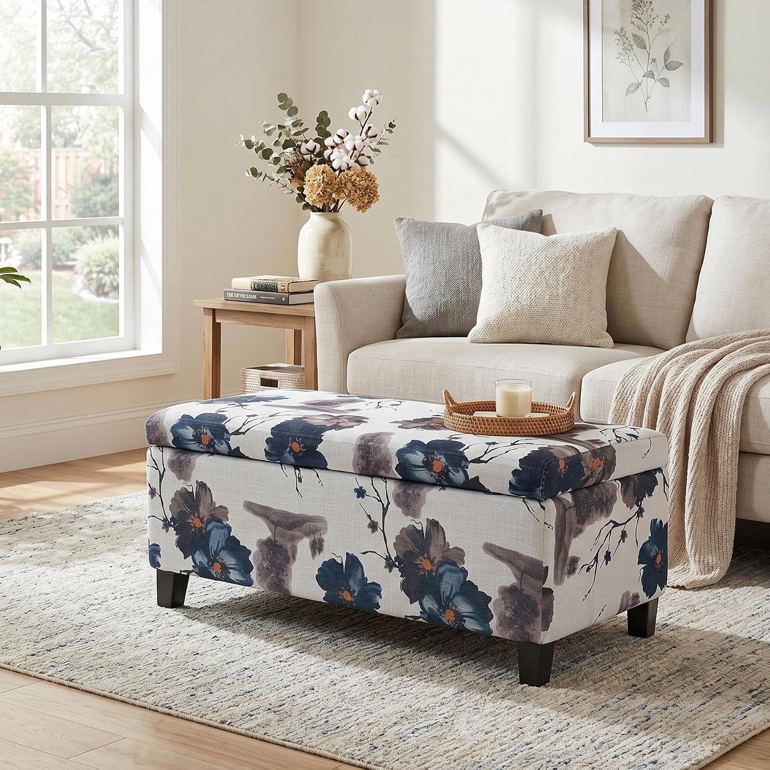 Christopher Knight Home Nesbit Living Room Ottoman with Storage, Entryway Fabric Upholstered Storage Ottoman Bench, Rectangular Sofa Foot Stool, Bedroom End of Bed Bench, Blue Flower+White