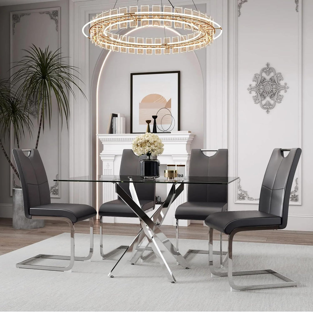 5 Piece Dining Table Set for 4, Modern Tempered Glass Kitchen Table with 4 Up...