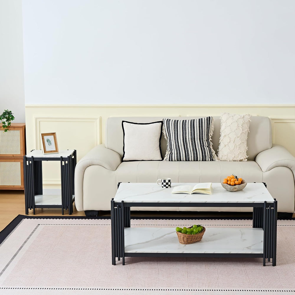 Modern 3-Piece Living Room Table Set, White Faux Marble Coffee Table and 2 En...