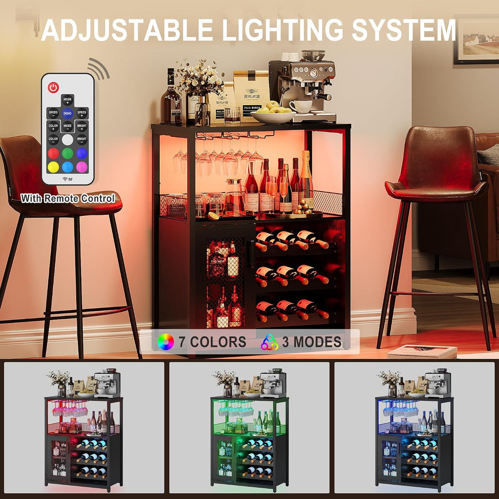 GarveeHome Wine Bar Cabinet with LED Lights, Liquor Cabinet with Storage | 3-Tier Coffee Bar Cabinet with Wine Rack, Glass Holder & Mesh Door, Sideboard Buffet Bar for Living Room, Dining Room, Black