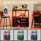 GarveeHome Wine Bar Cabinet with LED Lights, Liquor Cabinet with Storage | 3-Tier Coffee Bar Cabinet with Wine Rack, Glass Holder & Mesh Door, Sideboard Buffet Bar for Living Room, Dining Room, Black