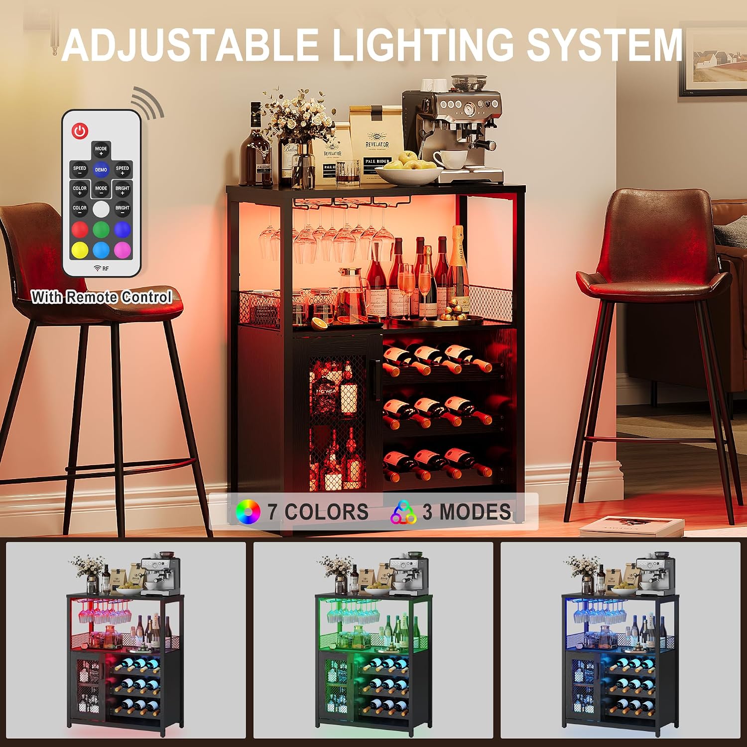GarveeHome Wine Bar Cabinet with LED Lights, Liquor Cabinet with Storage | 3-Tier Coffee Bar Cabinet with Wine Rack, Glass Holder & Mesh Door, Sideboard Buffet Bar for Living Room, Dining Room, Black