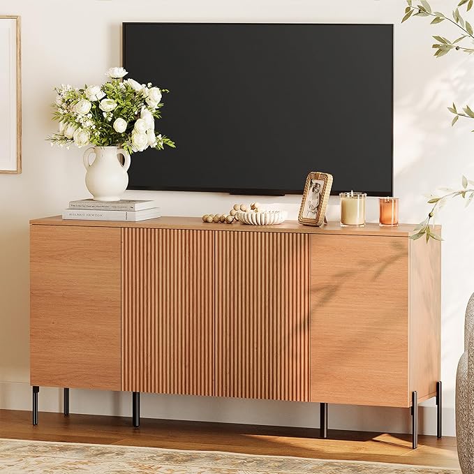 WAMPAT 61.6" TV Stand Cabinets for TVs up to 70 Inches, Entertainment Center with Storage Cabinets and 4 Doors, Mid Century Modern Media TV Console Table for Living Room Bedroom,Mocha