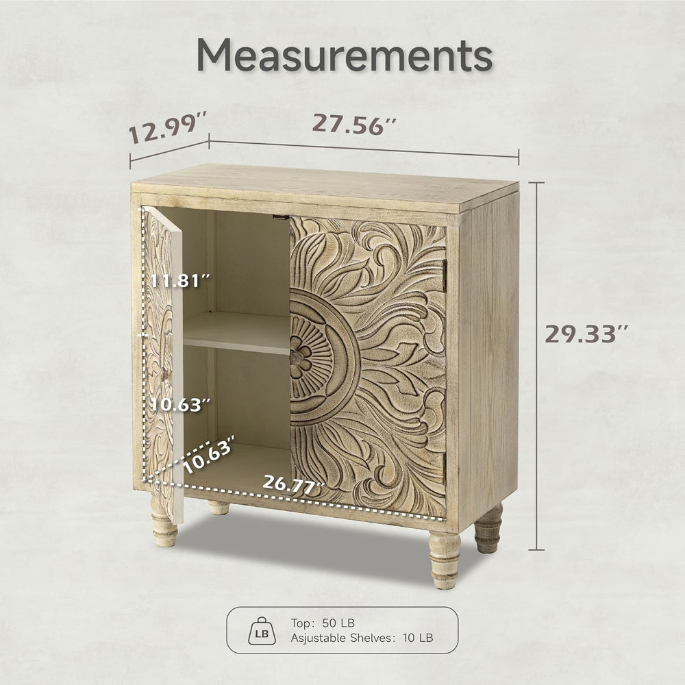COZAYH Distressed Storage Cabinet with Carved Flower, Weathered White