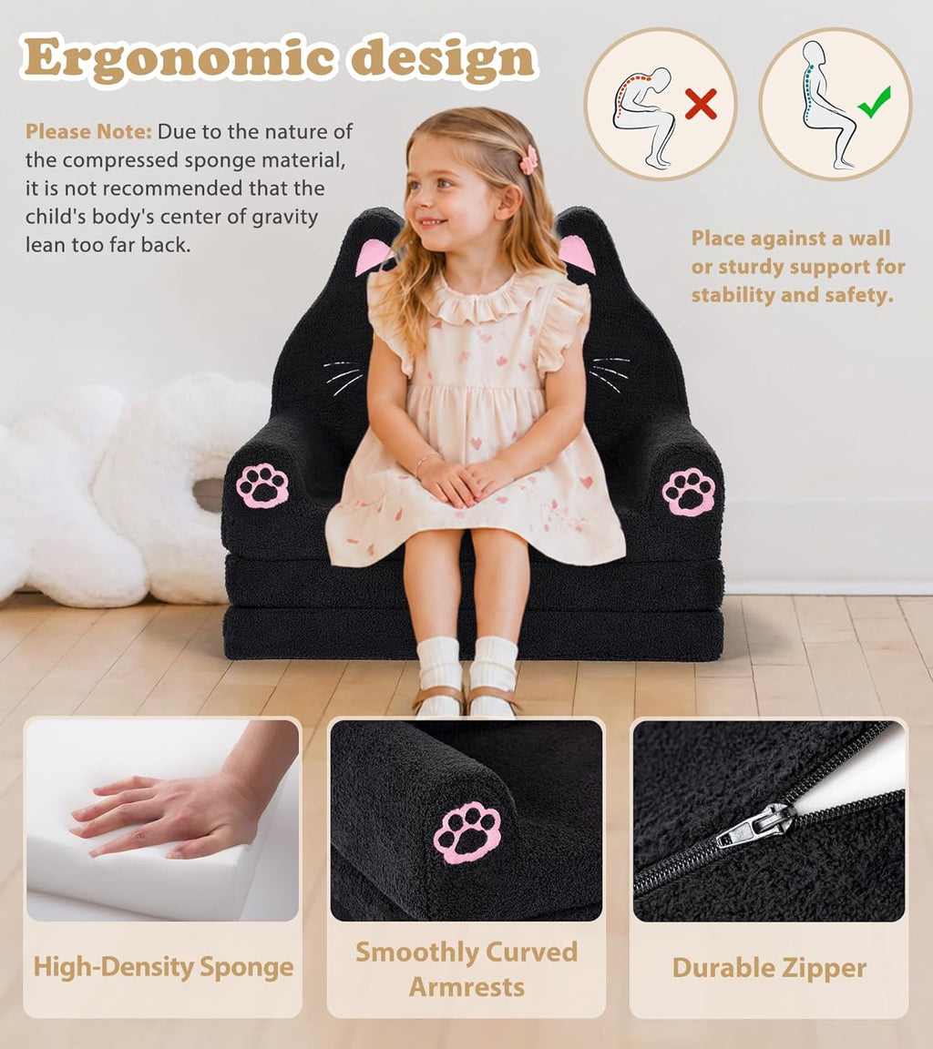 Foryoomi Kids Couch, 2-in-1 Soft Toddler Couch Fold Out with Blanket, Chair Comfy, Foldable Convertible Plush Sofa, Gifts for Kids Girl Boys, Black Cat