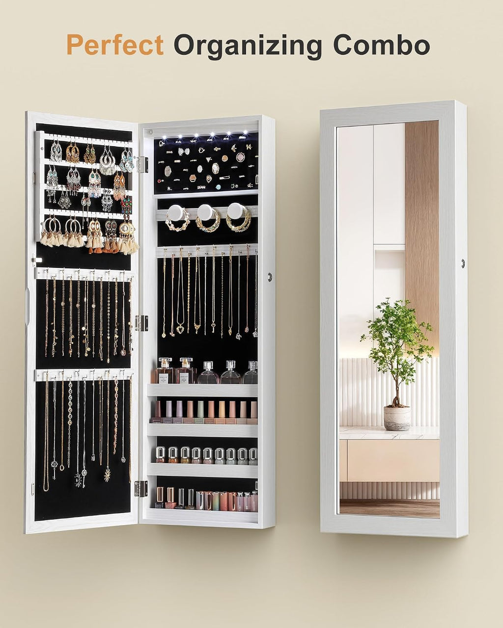 Nicetree 6 LEDs Jewelry Armoire, Hanging Mirror Jewelry Cabinet, White | Over the Door Jewelry Organizer, Lockable Mirror with Jewelry Storage, Auto-on Light, Gift Idea, Easy Assembly