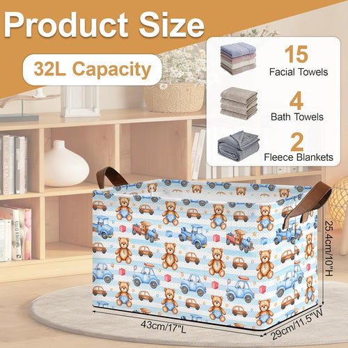 32L Large Storage Bins with Handles, Basket Organizer for Shelves, Closet, Books, Laundry & Home Decor (Cute Bear Car)