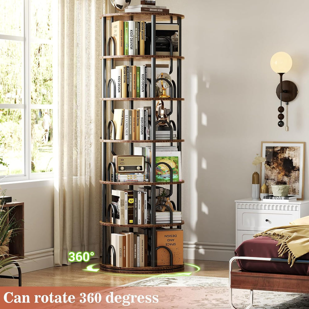 Aheaplus 6 Tier Rotating Bookshelf Tower, Revolving Bookcase, Rustic Brown