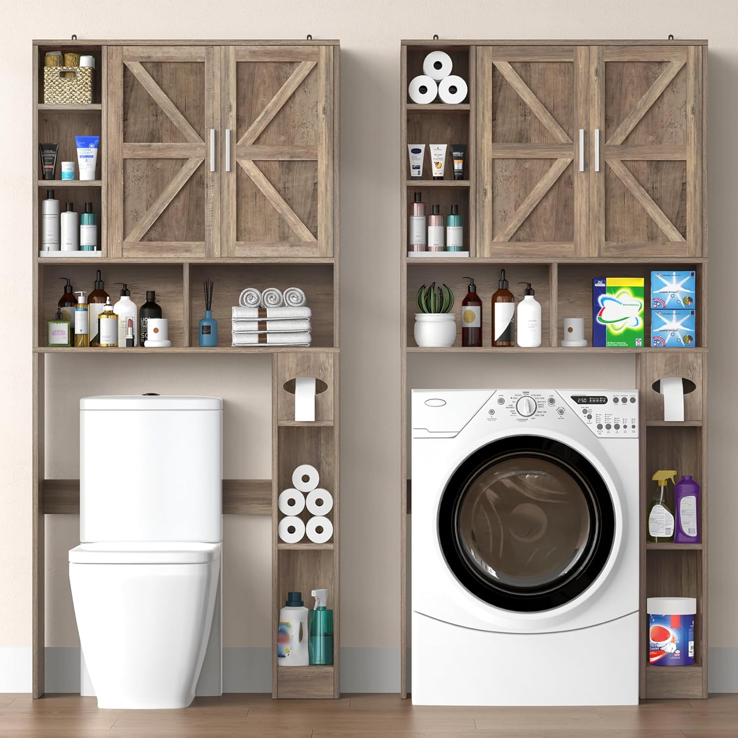 Winkalon Over The Toilet Storage Cabinet with 2 Barn Doors and Adjustable Shelves, Freestanding Toilet Shelf Organizer with Toilet Paper Holder, Space Saver for Bathroom, Restroom, Laundry (Wood)