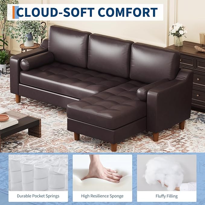 GarveeHome 88.9" L-Shape Sofa with Convertible Chaise, Sectional Leather Sofa with Deep Seat, Modern Mid-Century Sofa for Living Room, Comfy Leather Couch, Brown