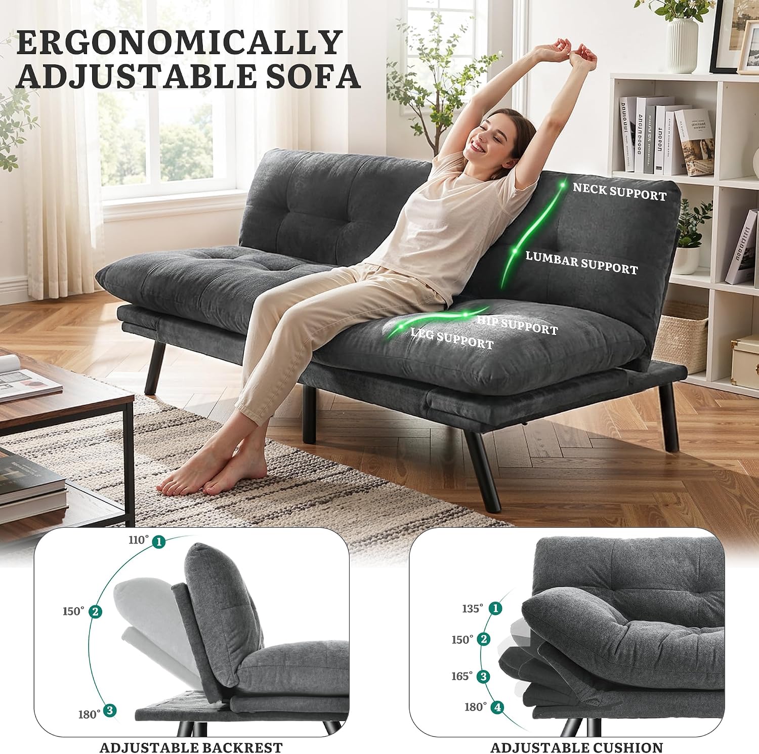YITAHOME Convertible Futon Sofa Bed,70" Folding Futon Couch w/Led Lights | Modern Memory Foam Loveseat Sleeper Recliner w/ Adjustable Backrest& Armrests,for Living Room Home Office Aprtment,Grey