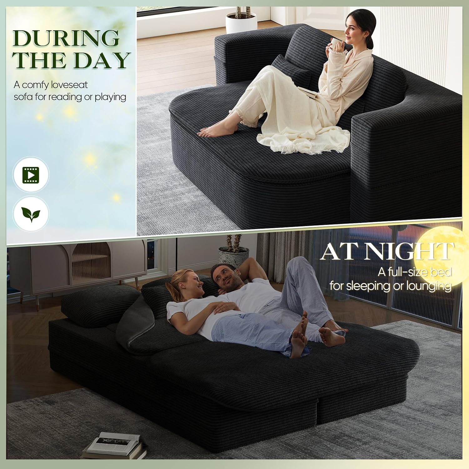 Antetek Convertible Sleeper Sofa, Modern Folding Futon Corduroy Floor Foam Compression Loveseat Sofa Bed Couch, Foldable Full Size Guest Bed with 4 Pillows for Living Room Bedroom Apartment, Black