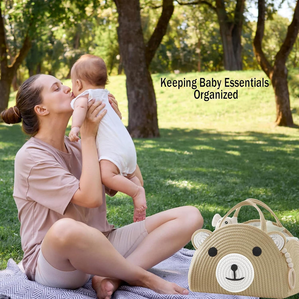 Diaper Caddy Organizer, Cotton Rope Baby Caddy Basket, Nursery Storage Bin | Large Storage Basket, Car Organizer for Diapers and Baby Wipes, Cute Design Gift for Baby Shower, Newborn Essentials