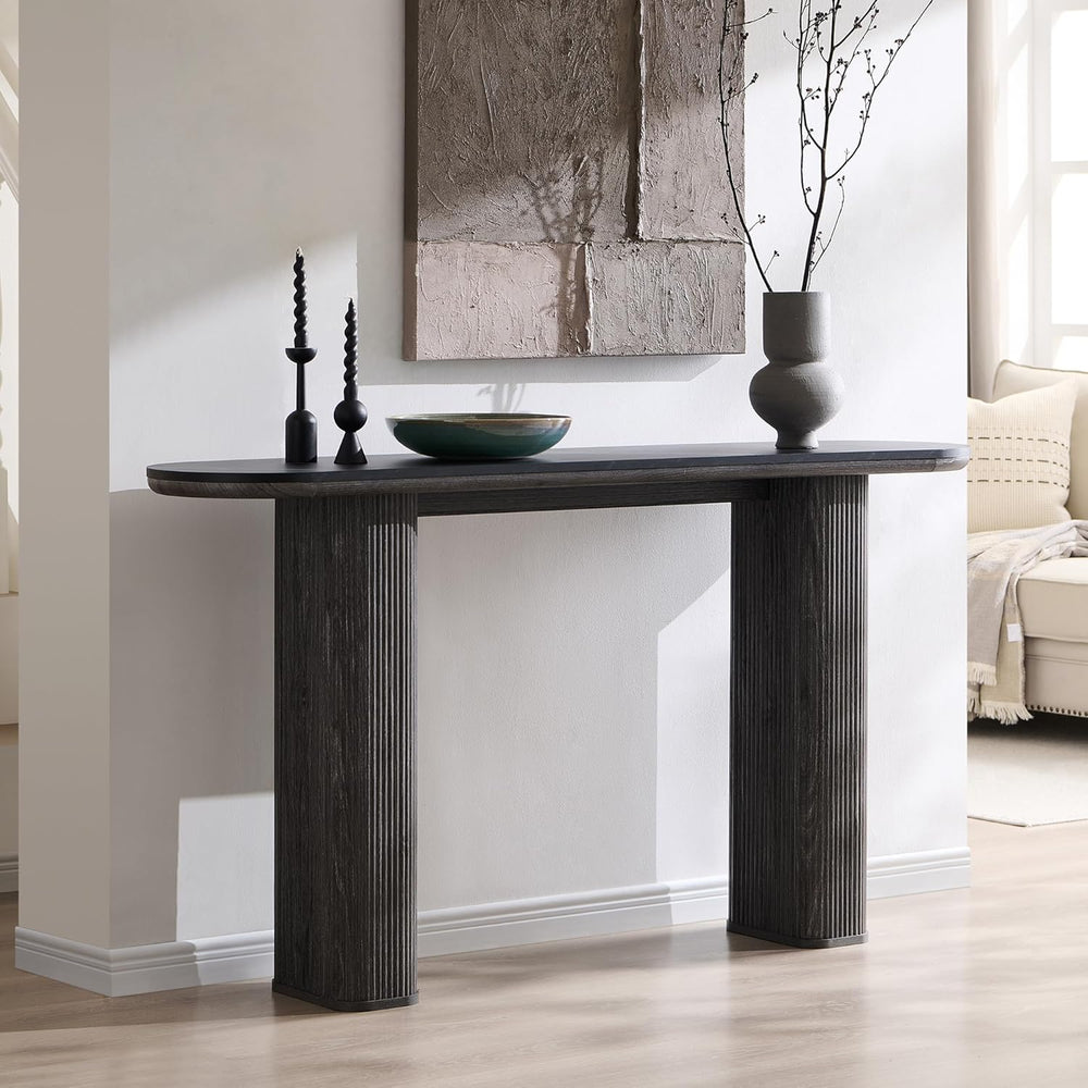 OKD 63" Modern Console Table with Arc Faux Marble Texture Top, Fluted Wo...