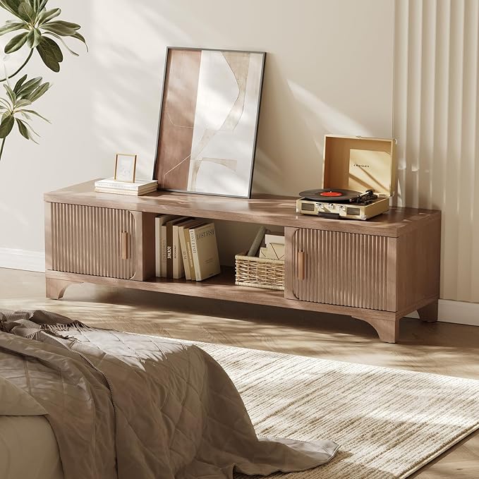 58 Inch Mid Century Modern TV Stands for Living Room, Boho Media Console for Bedroom, TV Entertainment Center with Storage, Wood Television Cabinet, Light Brown