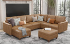 SITJOY 118" Faux Leather Modular Sectional Sofa with Storage, Mid Century Modern Sectional Couches for Living Room, 6 Seater V Shaped Couch with Chaise, Brown